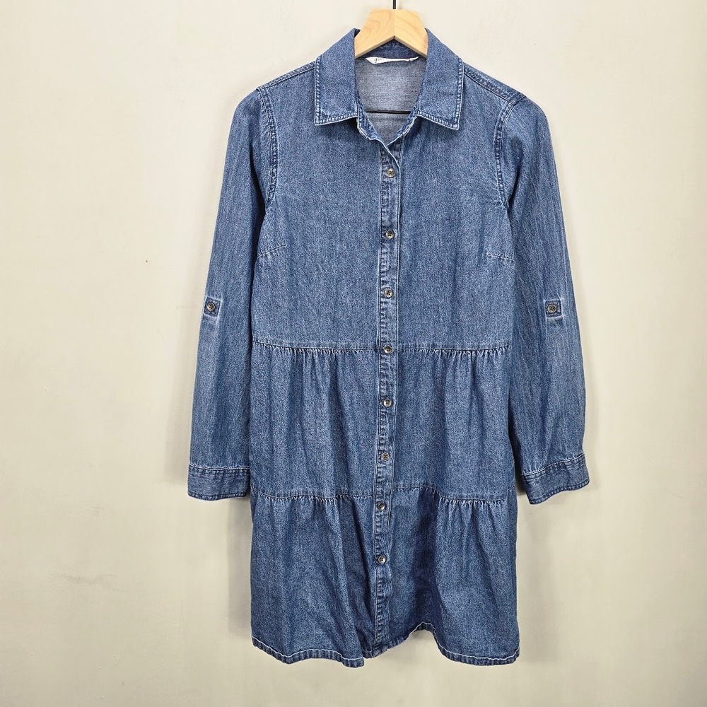 Mini Denim Tiered Shirt Dress S Long Sleeve Roll Tab Country Cottage Boho Summer